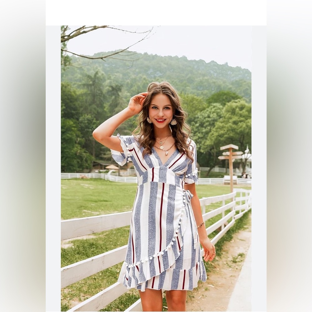 Striped Wrap Dress with Pom Pom Details